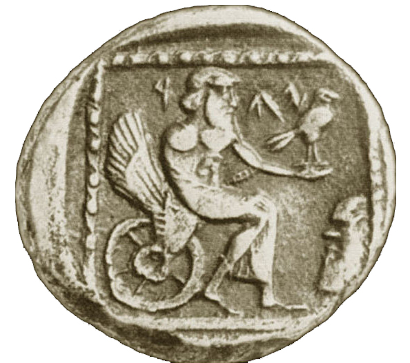 YHWH as 'Yahu' in a winged 'throne chariot,' holding a bird. Coin from Gaza, 4th century BCE.