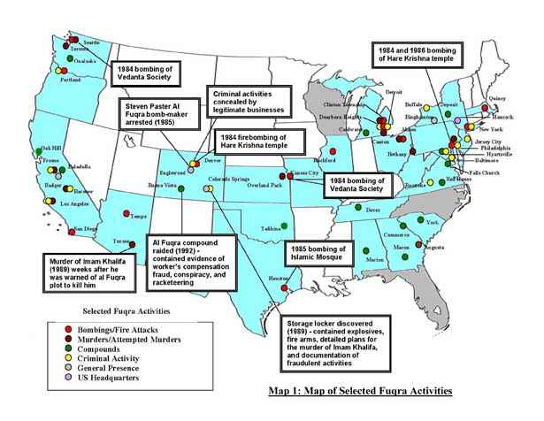 Map of Jamaat ul-Fuqra terrorist acts in U.S.